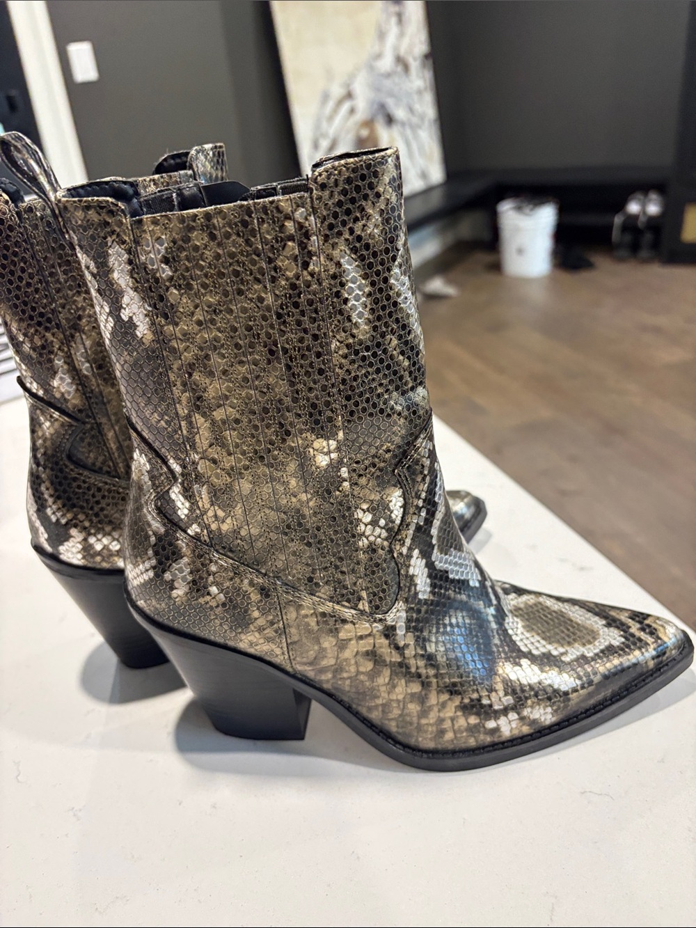 Unworn Aldo Snake-Print Western Ankle Boots in Metallic Taupe leather